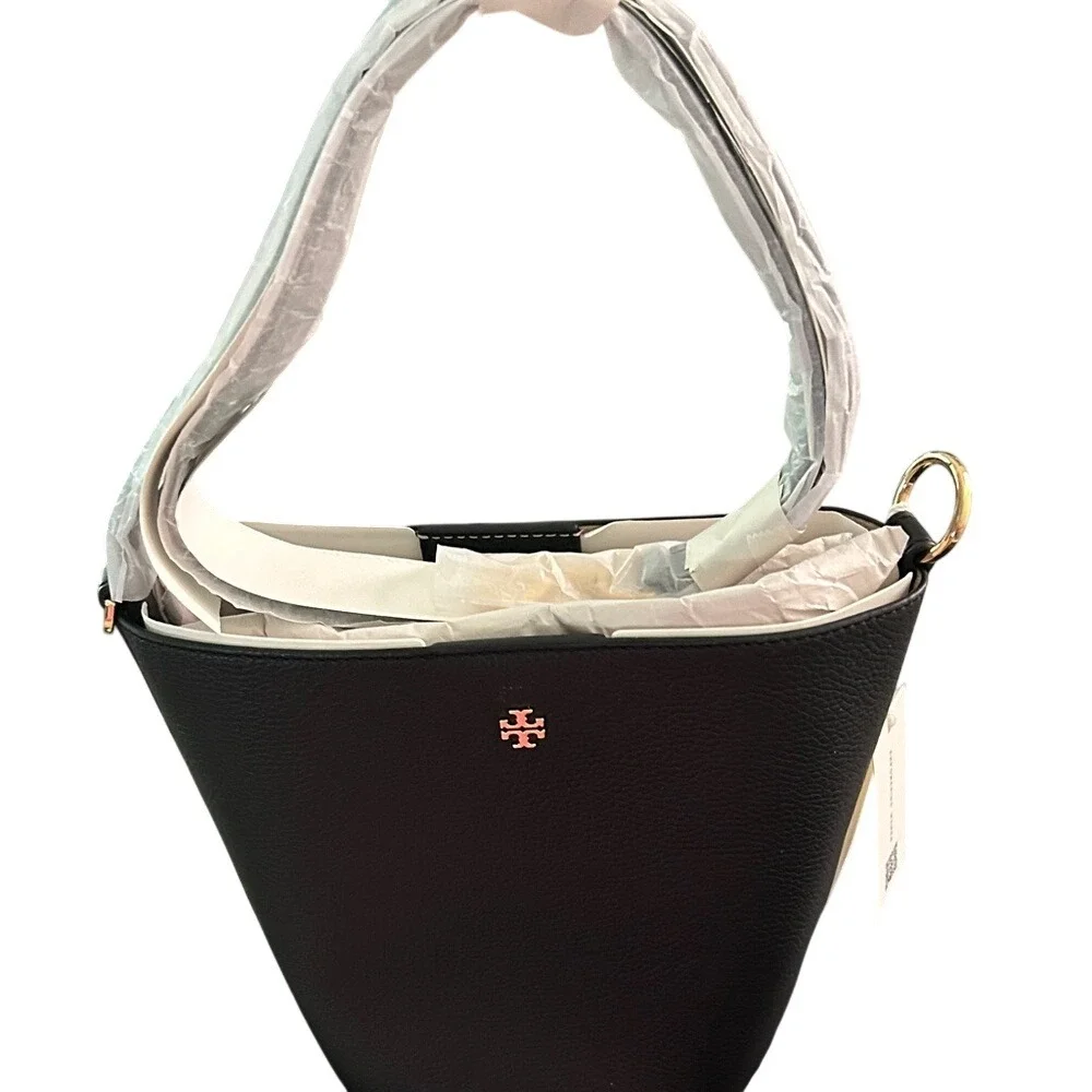 Tory Burch Blake Bucket Bag Black Leather Top Handle Crossbody Gold Logo OS